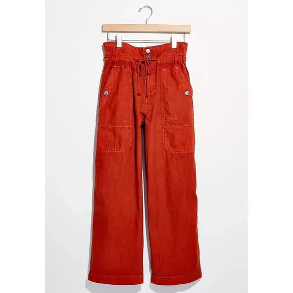 Free People Mohave Safari Pants Size 10 Rust Orange Cargo Drawstring Casual - Picture 1 of 10